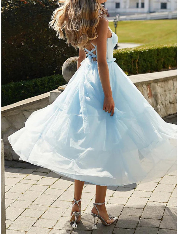Luolandi Women's Party Dress Cocktail Dress Wedding Guest Dress Midi Dress Pink Light Blue Sleeveless Pure Color Mesh Spring Fall Winter Spaghetti Strap Fashion Wedding Guest Birthday